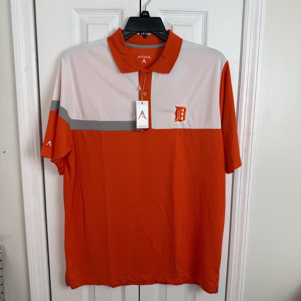 Antigua Detroit Tigers Polo Large Orange White Sporty Colorblock Player Shirt